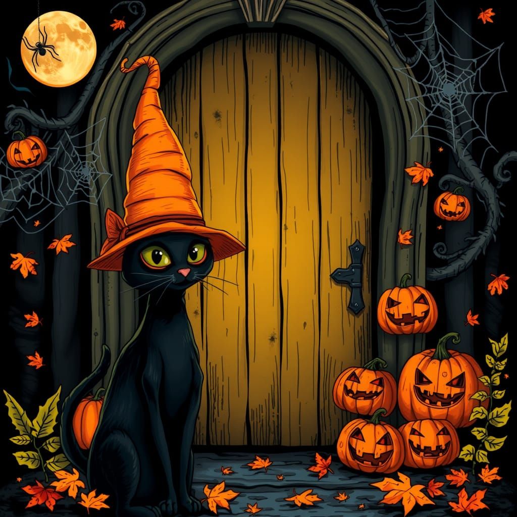 Whimsical Black Cat in Halloween Scene