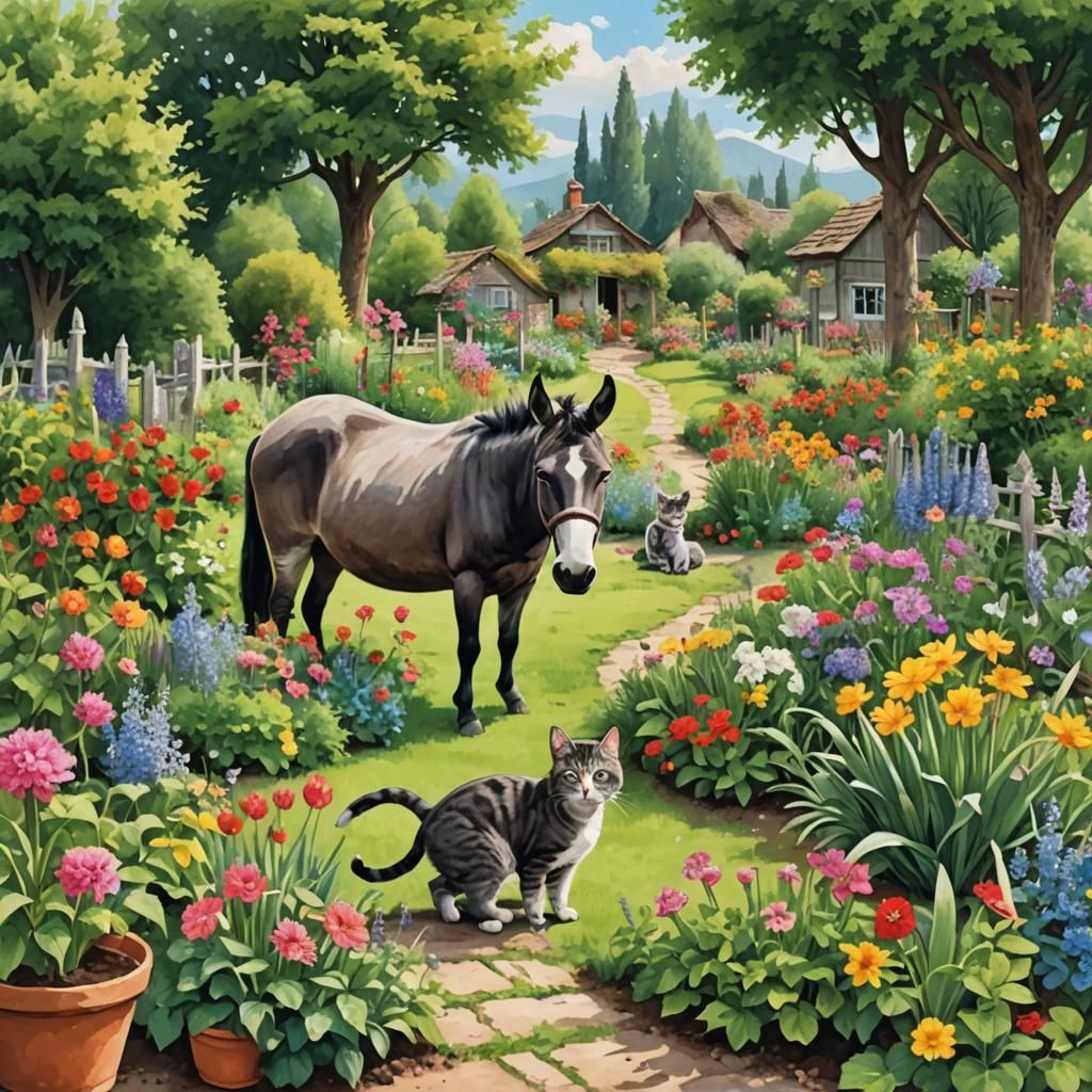 Grandma's Garden: Cat and Donkey in Bloom