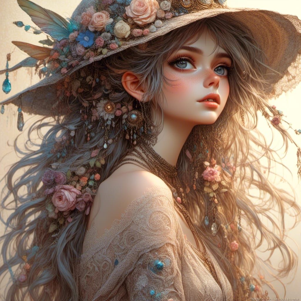 Beautiful Boho Woman in Lacy Gown