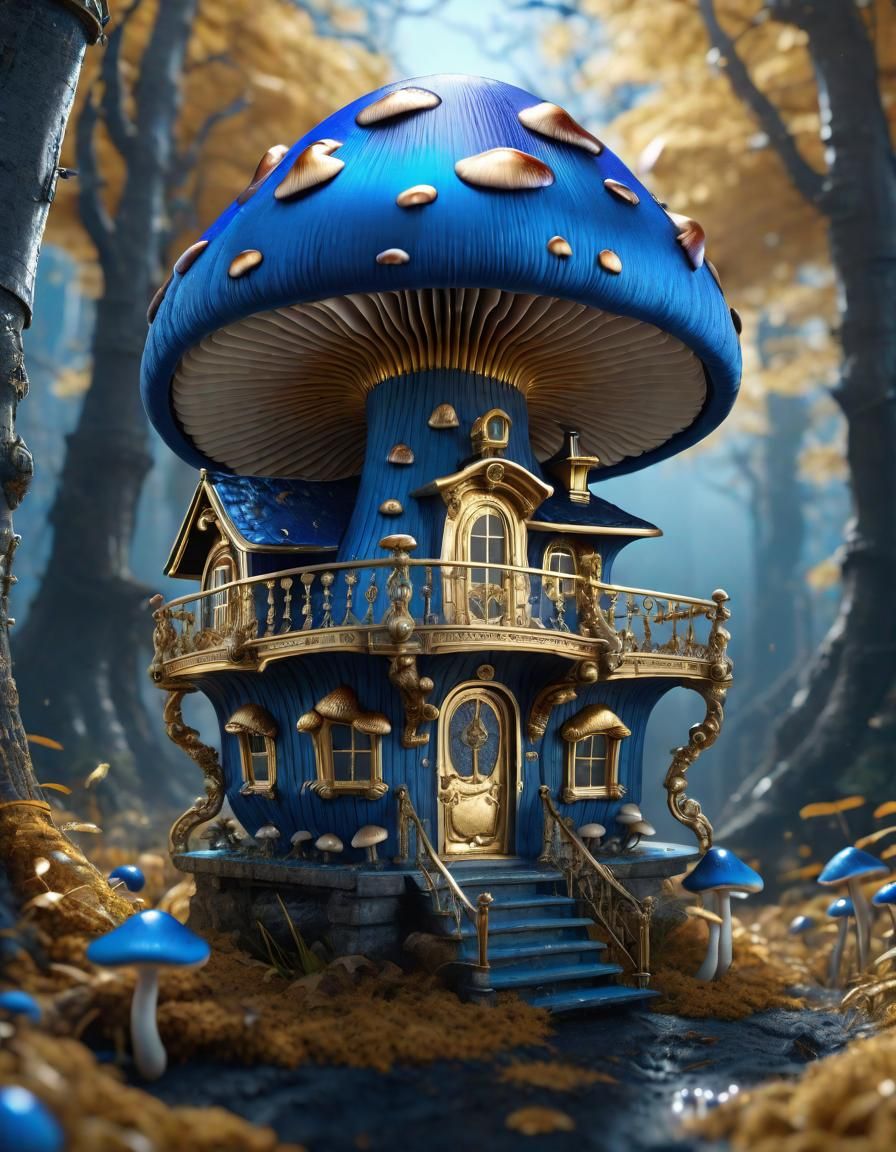 Faberge Mushroom House with Blue and Gold Mechanics
