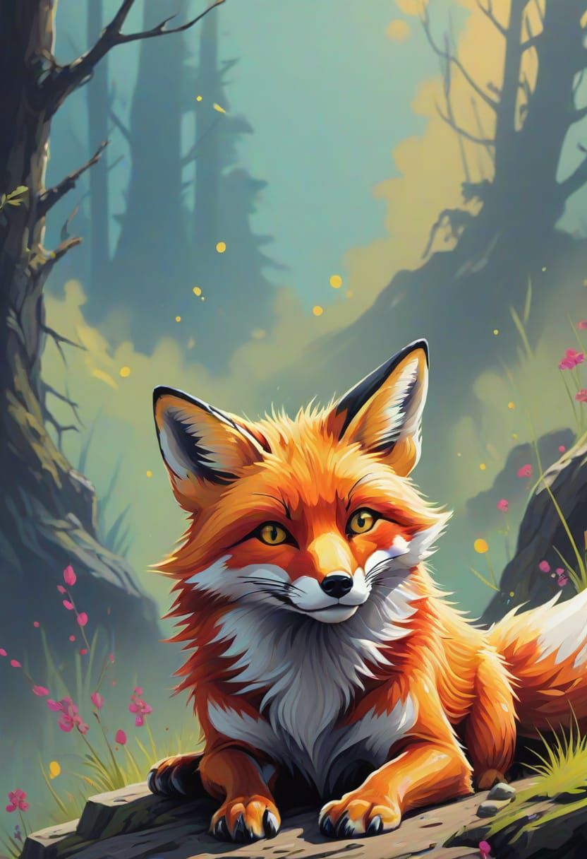 Vibrant Fox Portrait in Ed Hardy Style