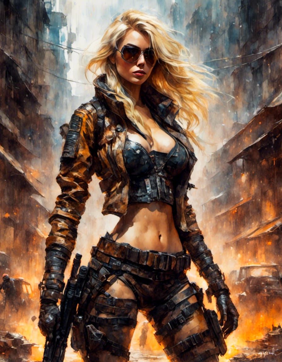Blonde Rebel Fighter in Dystopian Cityscape