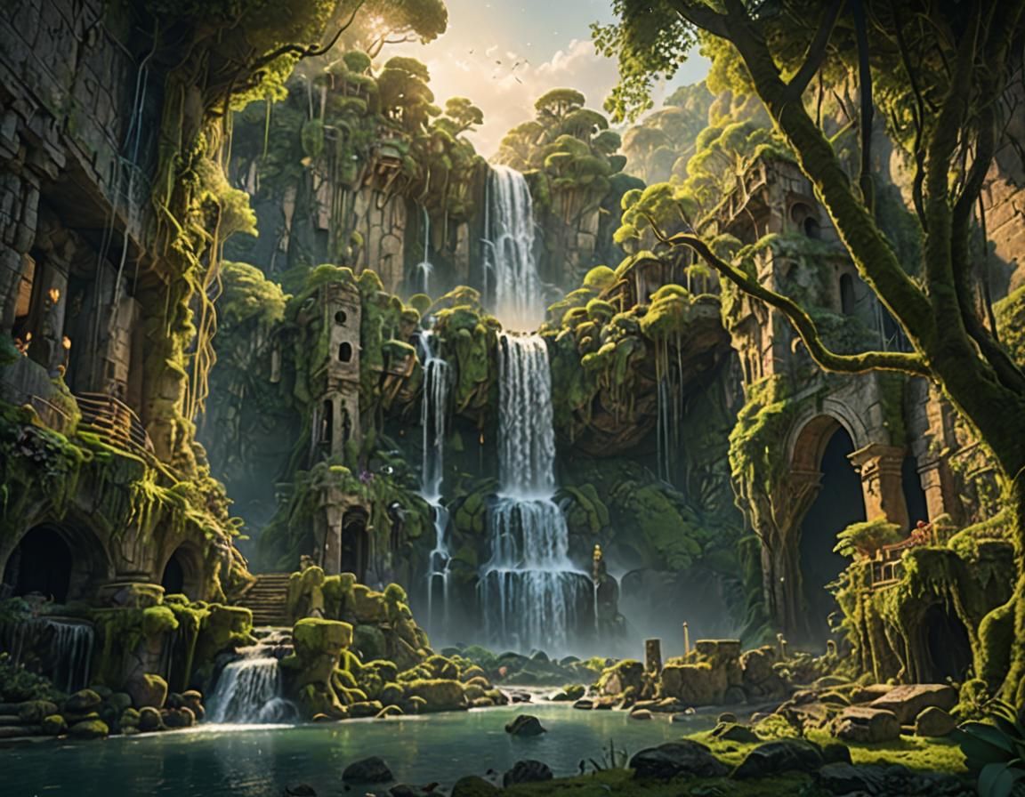 Lush Waterfall Grotto in Matte Painting Style