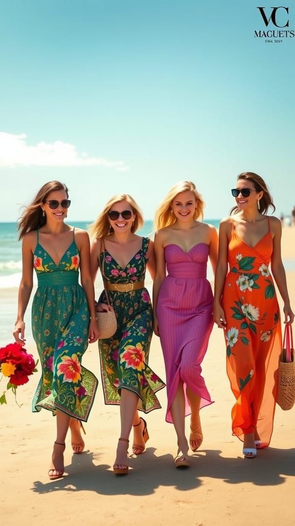 Vintage Glamour Summer Goddesses Stroll Along Sunny Beach