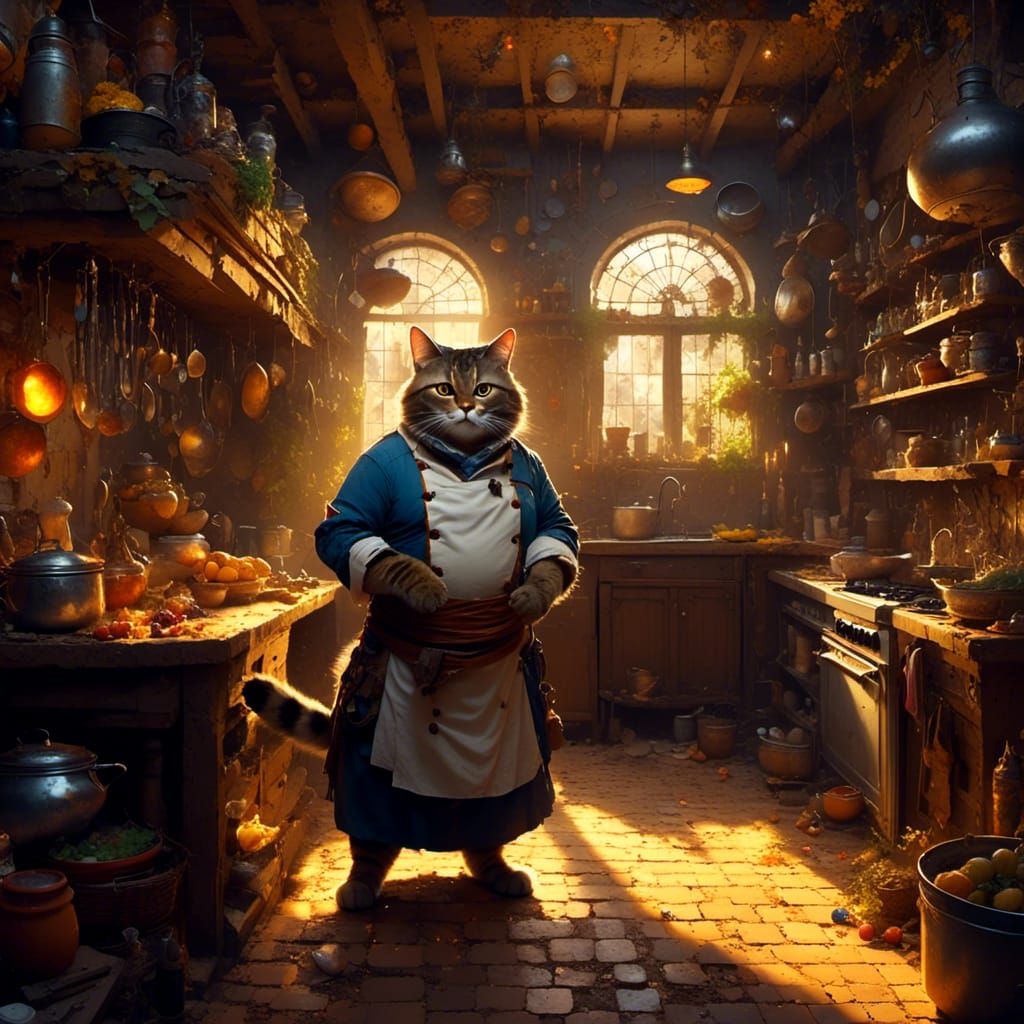 Fantasy Tabaxi Chef in Medieval Kitchen
