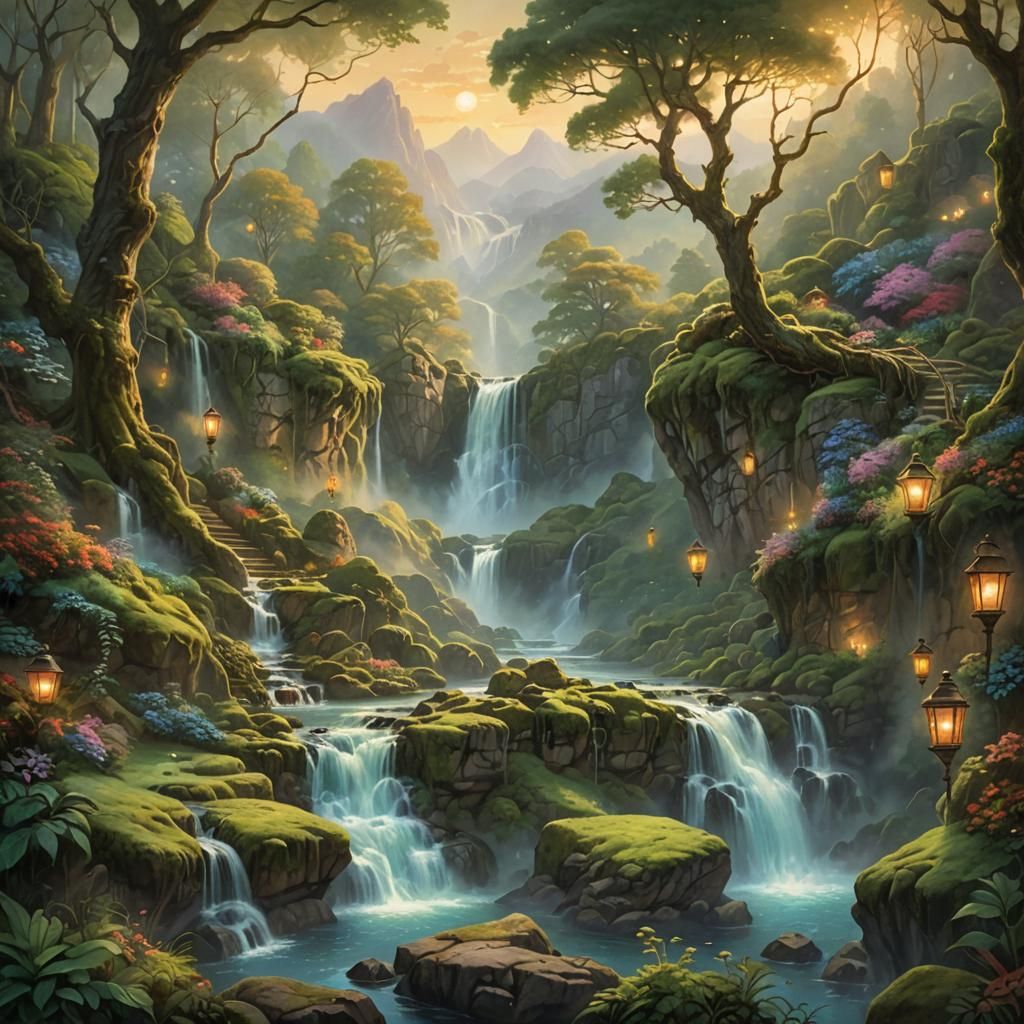 Ethereal Waterfall Landscape in Oil Painting Style