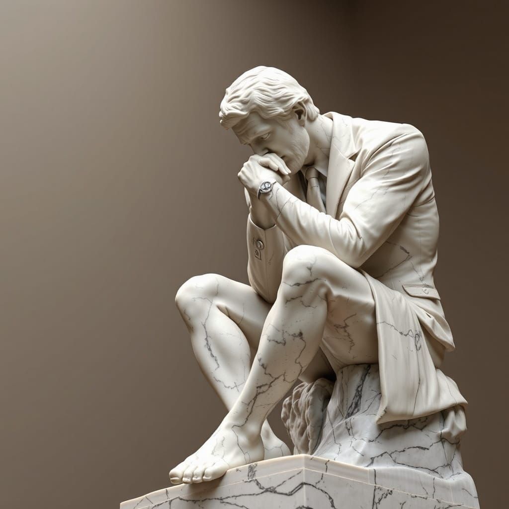 The Thinker in Modern Attire, Hyperrealistic Sculpture
