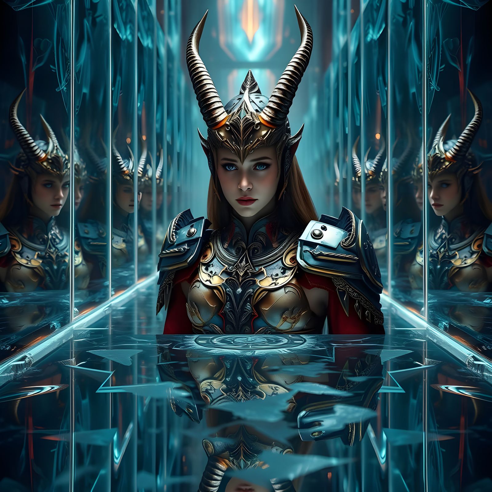 Ethereal Crystal Goddess with Majestic Horns and Ornate Armo...