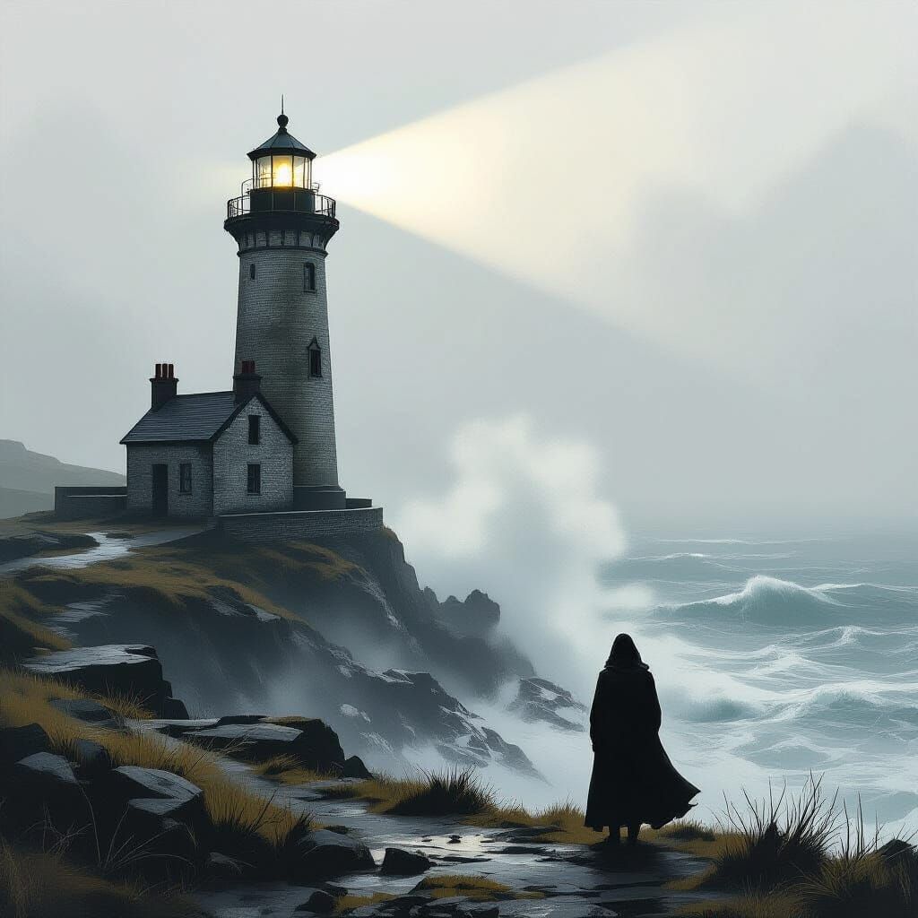Abandoned Lighthouse in Foggy Stormy Seas