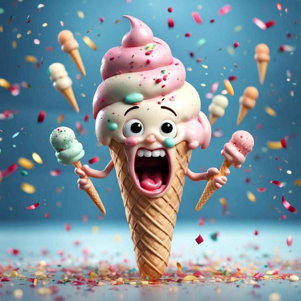 Cute Ice Cream Cone Screaming in a Photorealistic Render