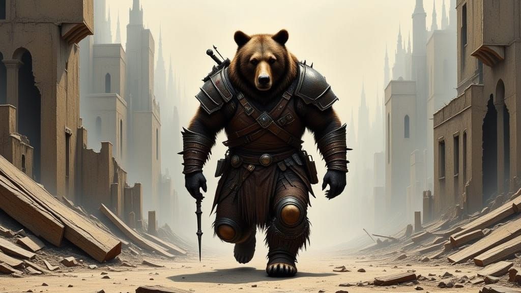 Armored Bear Warrior in Dystopian Cityscape