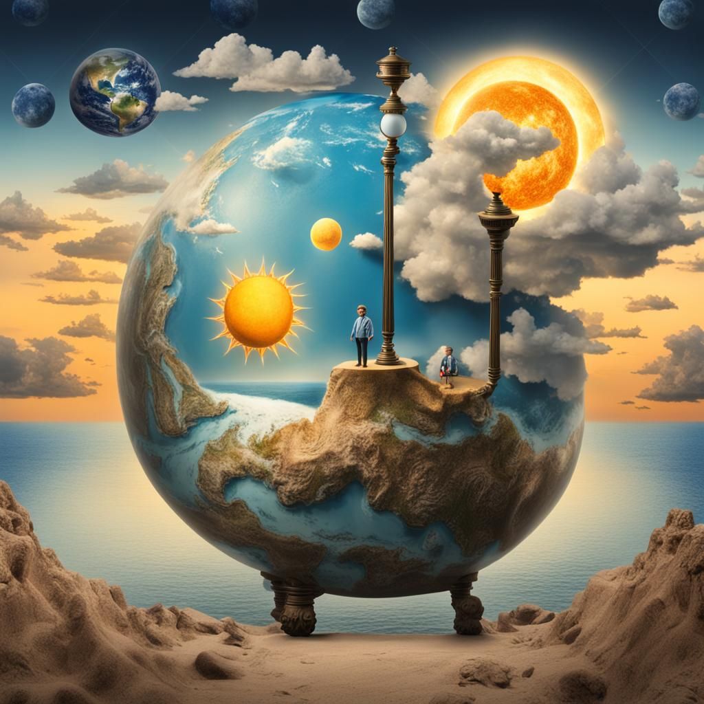 A  surrealist lamp with an  image of our planet with   a lit...