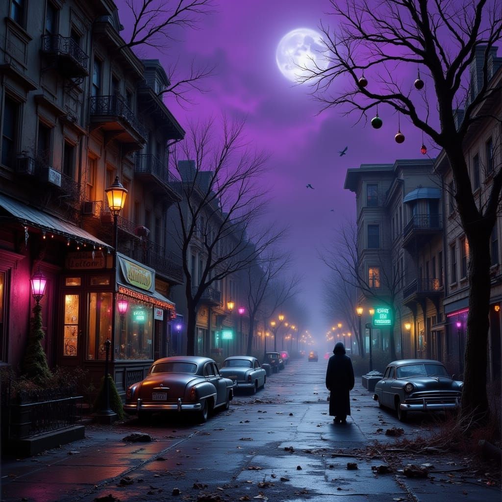 Eerie City Street at Dusk with Decaying Decorations