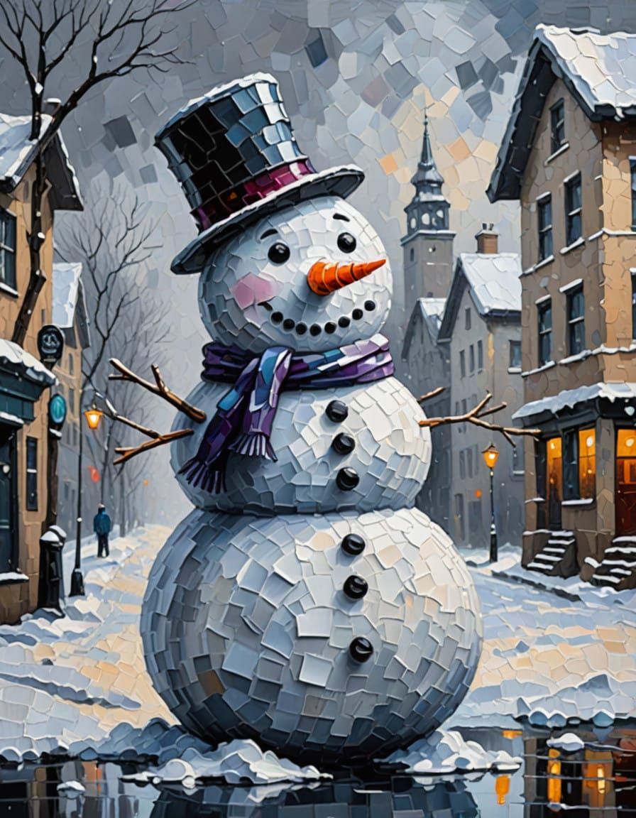 Melancholic Snowman in Neo-Impressionist Style