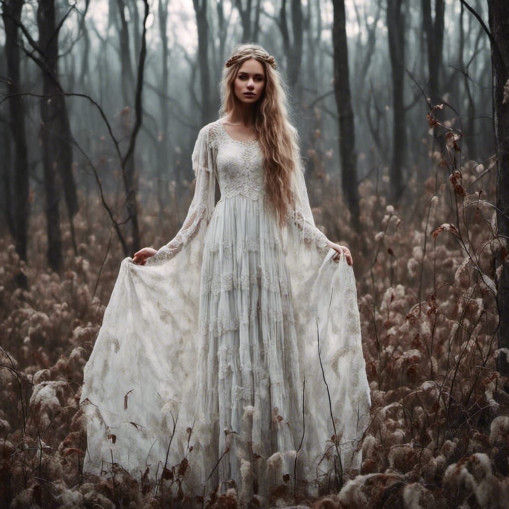 Eerie Macabre Woman in Long White Dress