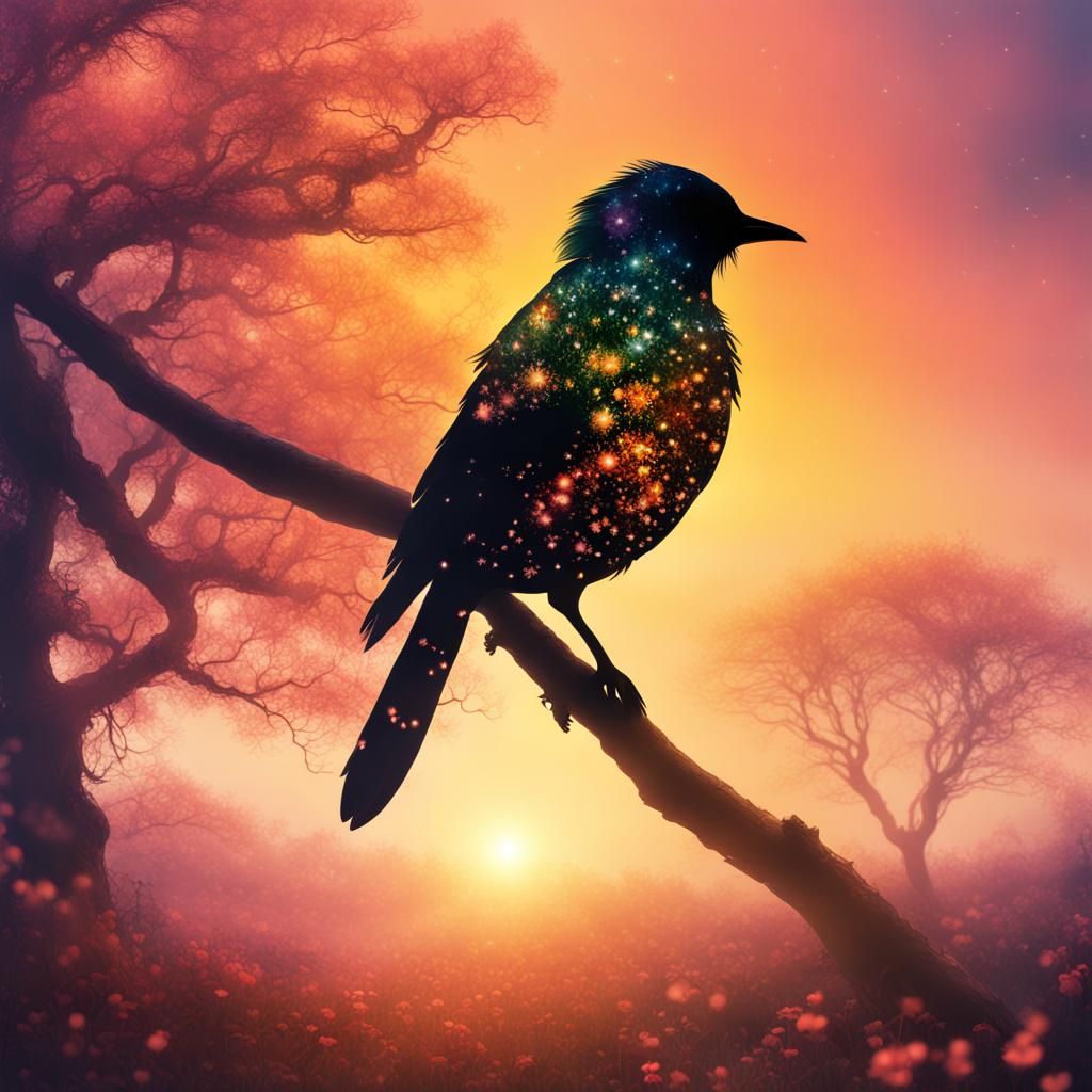 Rainbow Blossom Sunset: Bird Silhouette in Double Exposure