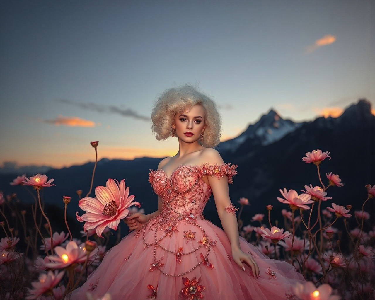 Albino Woman in Gown with Mountain Sunrise Backdrop