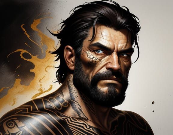 Surreal Ink Portrait with Snake Skin Background