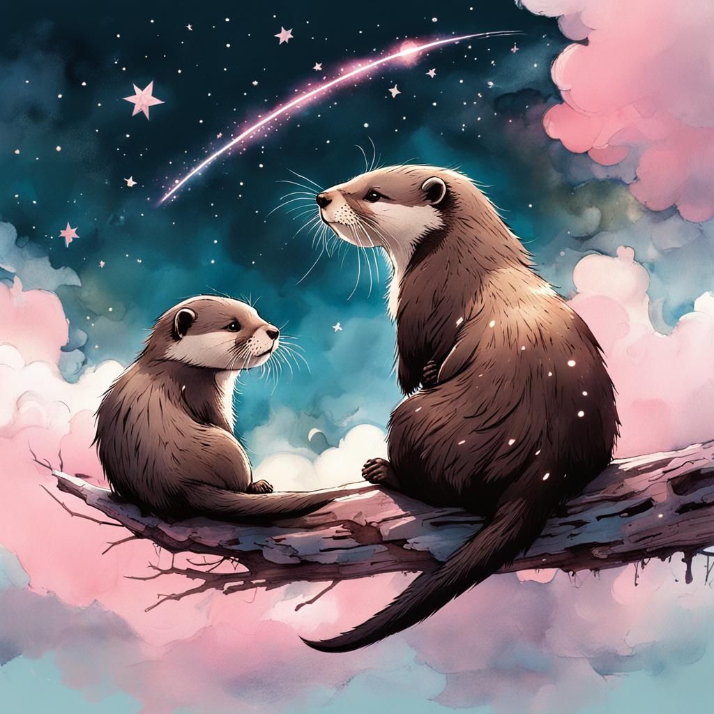 Otters Playing with Wishing Star in Watercolor Splash Art
