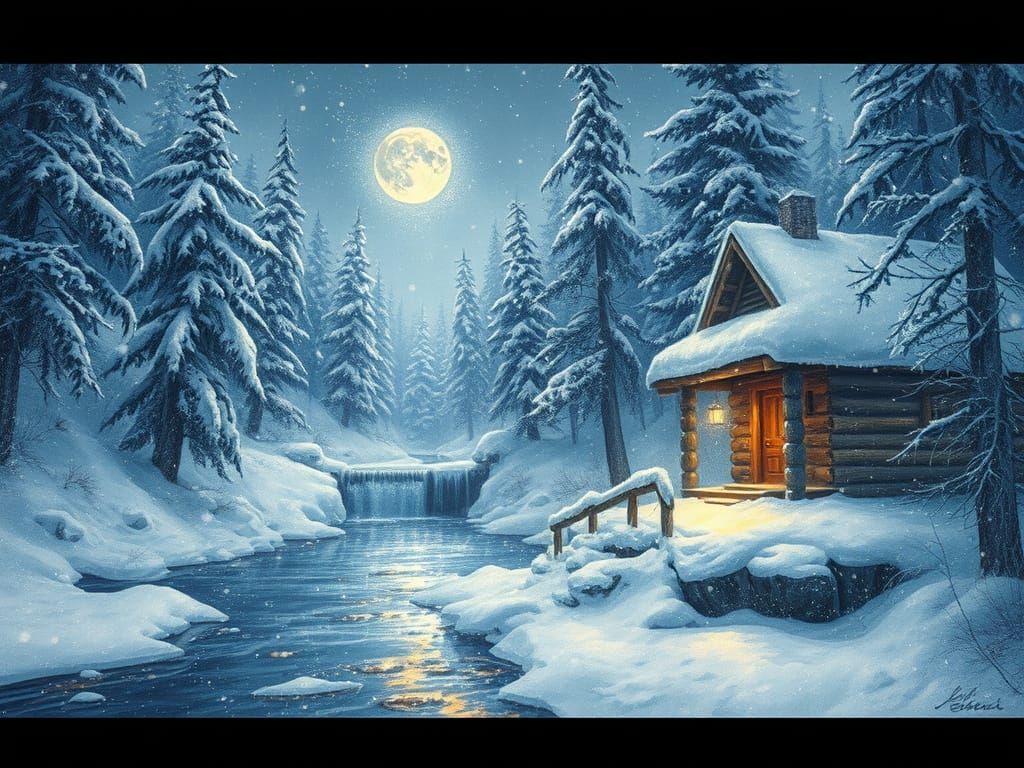 Winter Wonderland Cabin Scene in Ethereal Watercolor Style