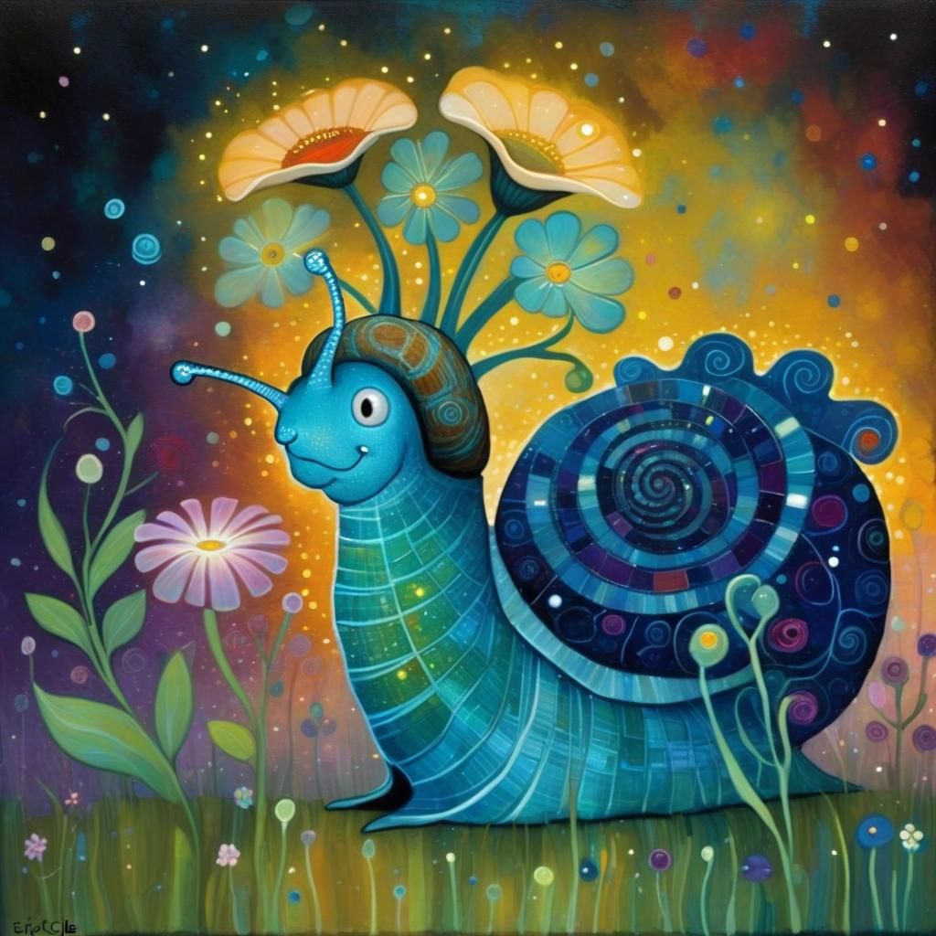 Bioluminescent Snail in a Whimsical Flower Garden