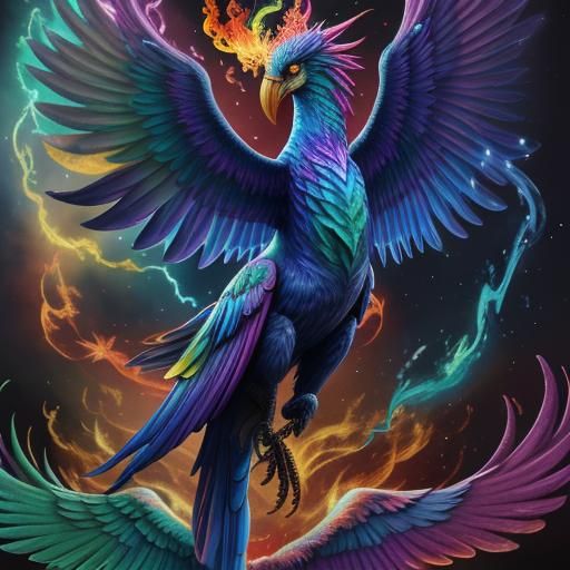 Rainbow Phoenix Breathing Fire in Astral Illustration