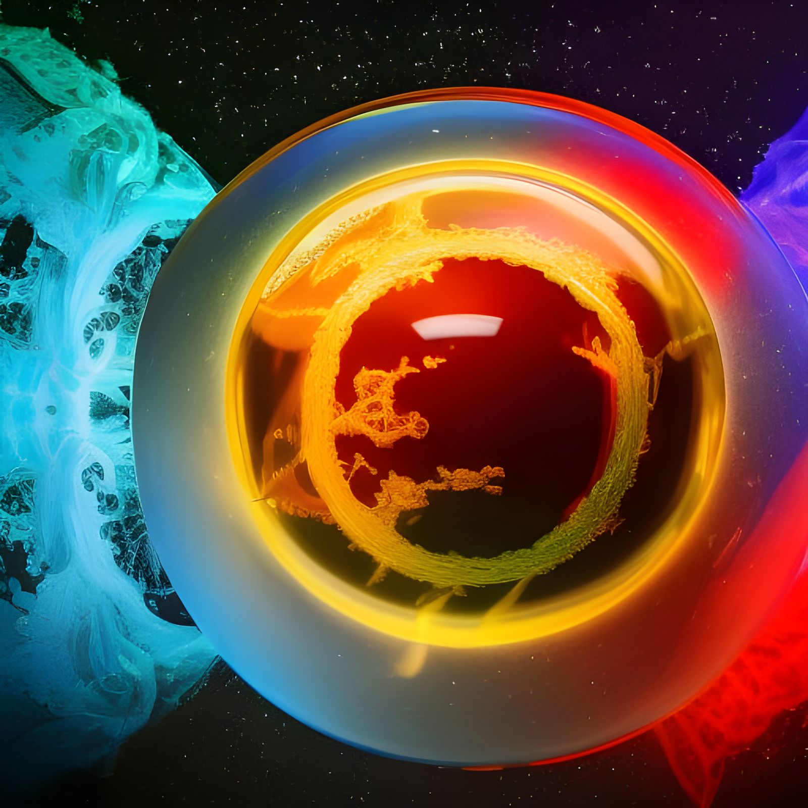 The 4 elements fire, earth, air, and water fighting in a cry...