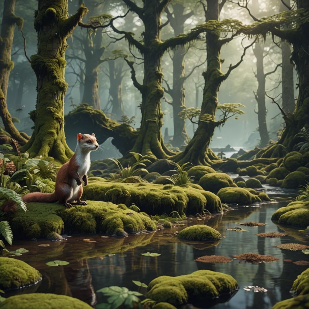 Stoat in Mossy Forest Lake: Detailed Matte Painting