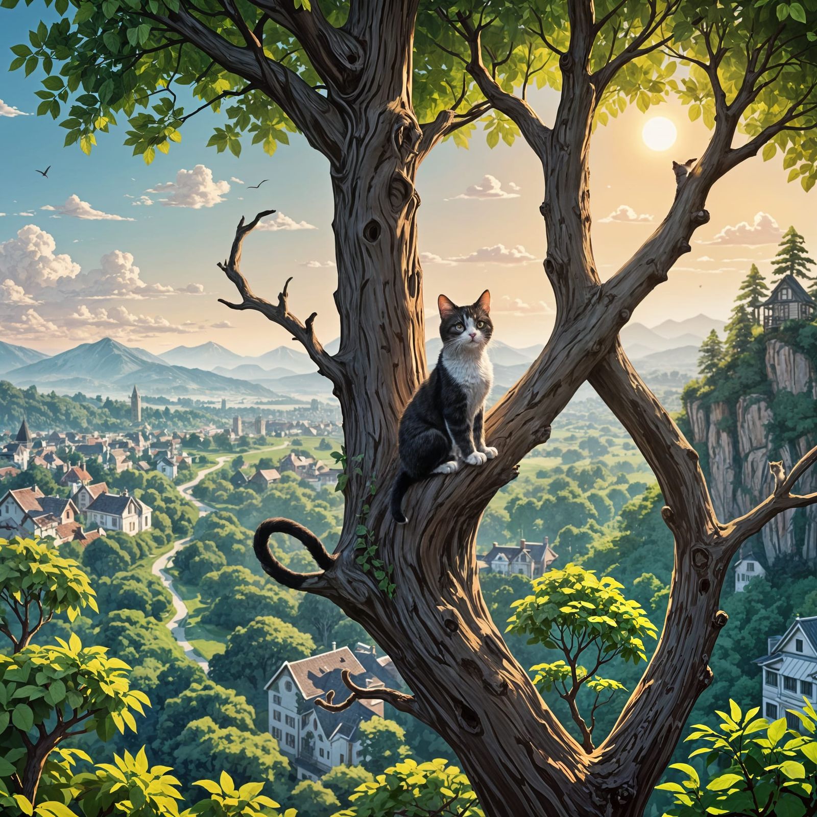 Cat Climbing a Tree with Scenic View Illustration