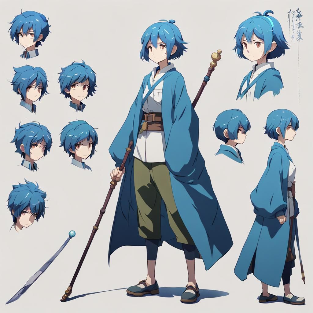 Blue-Haired Heroine Character Sheet in Ghibli Style