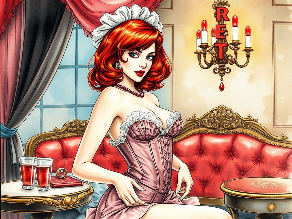 Redhead Waitress Undressing: Comic Book Aquarelle Illustrati...