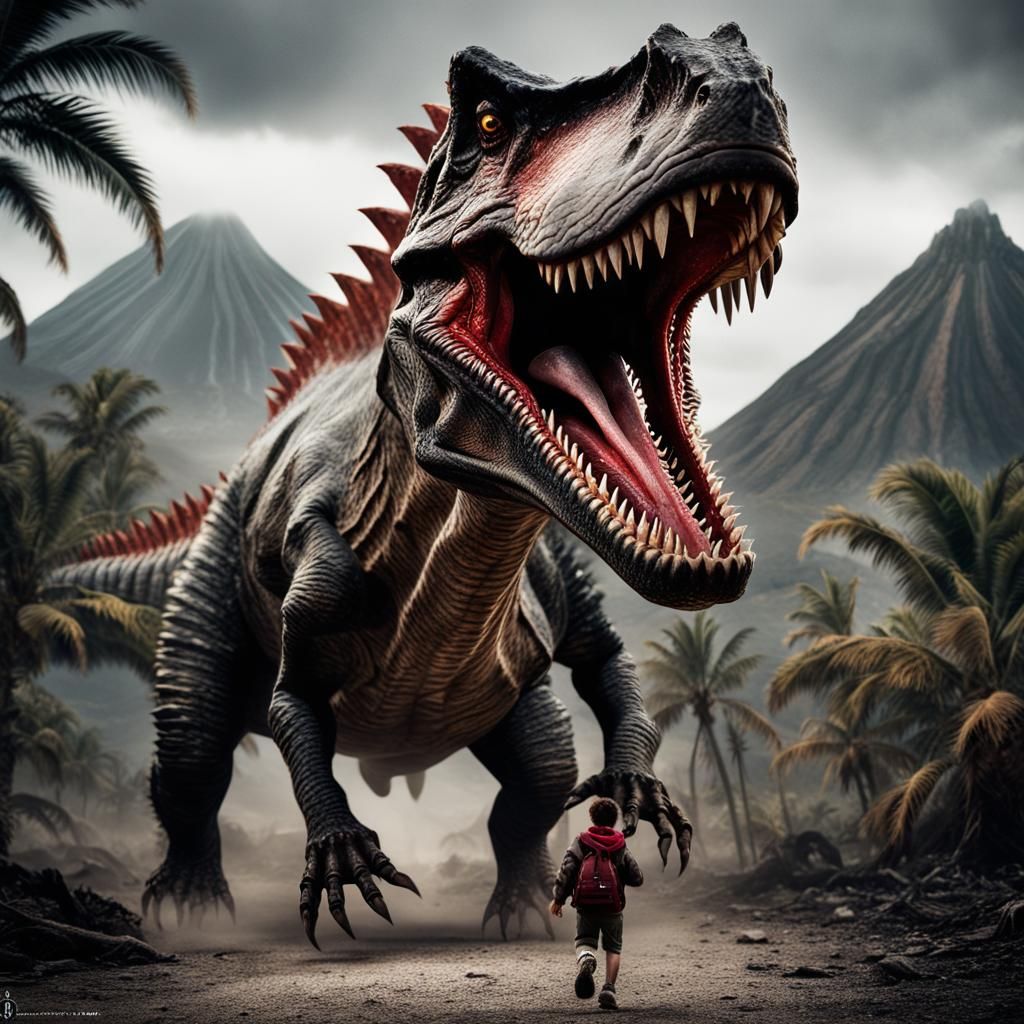 a black, dark red, gray fantasy more roaring spinosaurus with gonds on the back in front of is a more adventurous dresse...