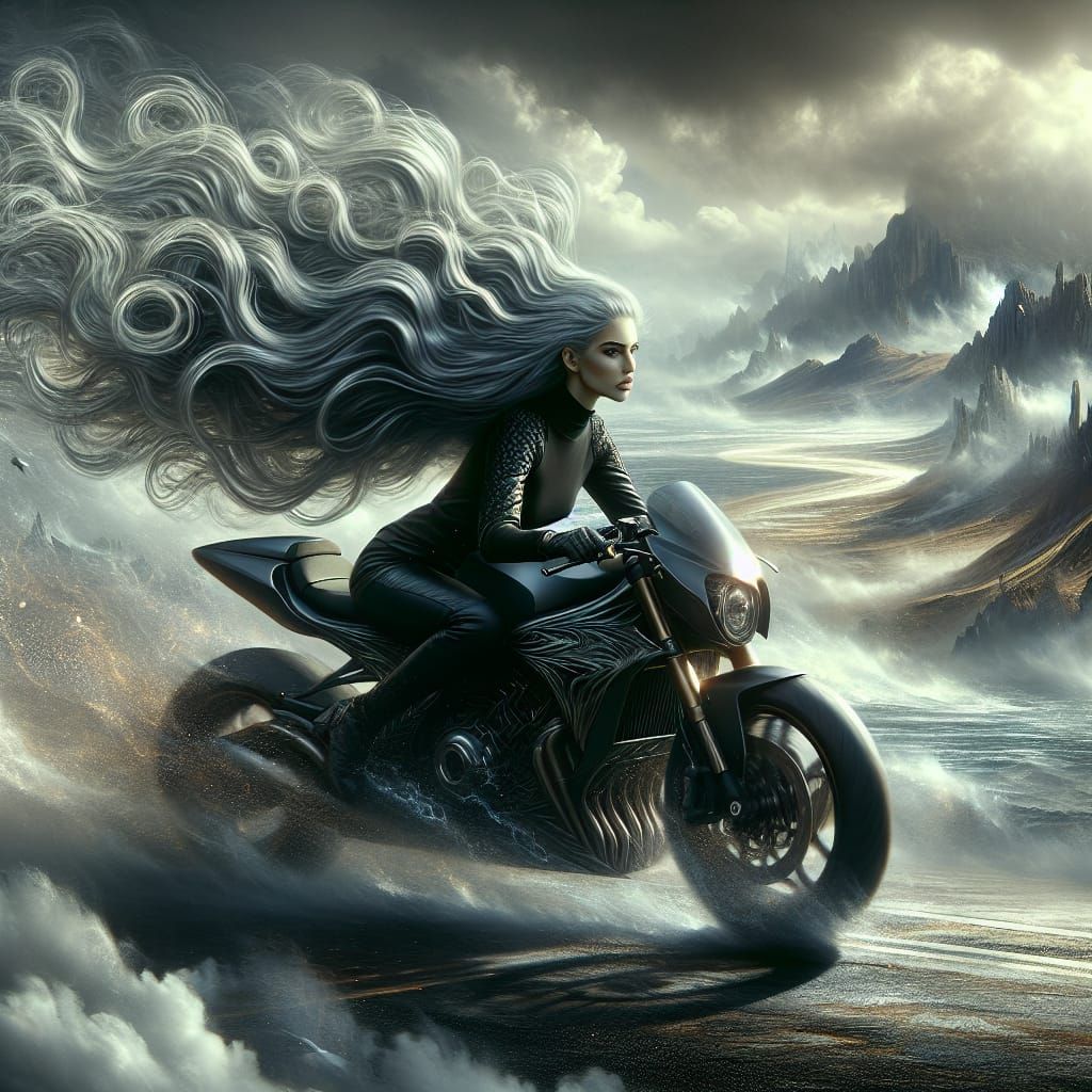 Woman on Motorcycle in Dramatic Cinematic Landscape