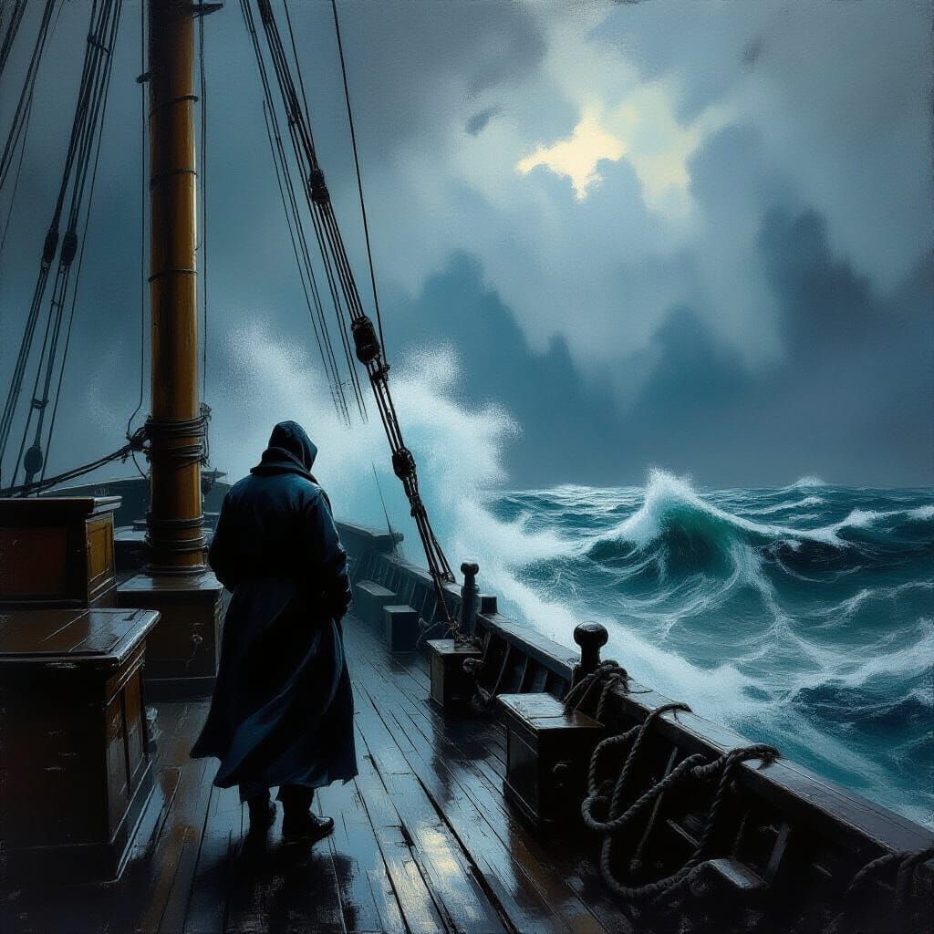 Lone Figure on Ship Deck Gazing at Stormy Sea