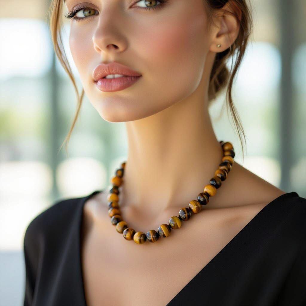 Woman with Shimmering Tiger's Eye Necklace in Bohemian Chic ...