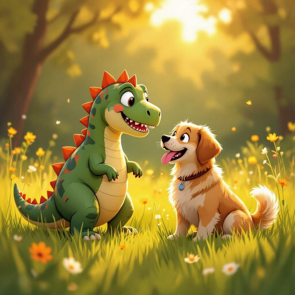 Cartoon Dinosaur Plays with Golden Retriever in Meadow