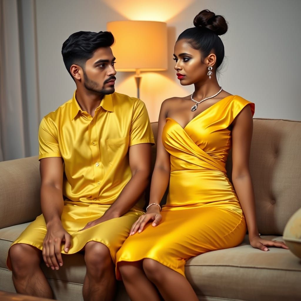 Elegant Indian Woman in Yellow Silk Outfit on Sofa