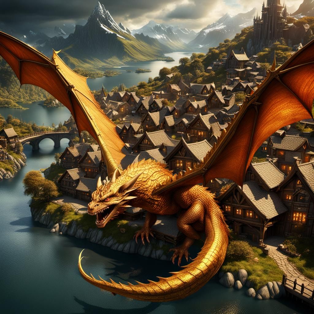 Golden Smaug Flying Towards Lake Town