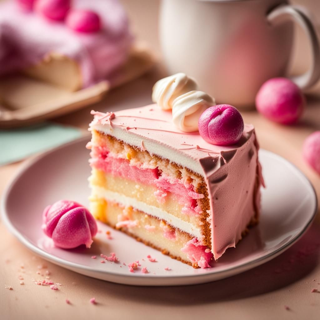 Delicate Slice of Pink Vanilla Cake with Hidden Math Homewor...