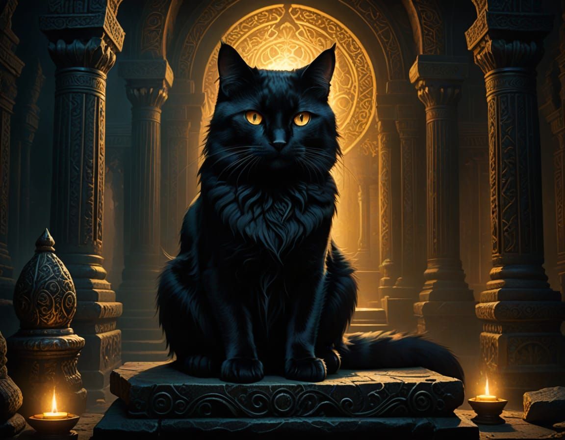Ethereal Black Cat in Ancient Temple