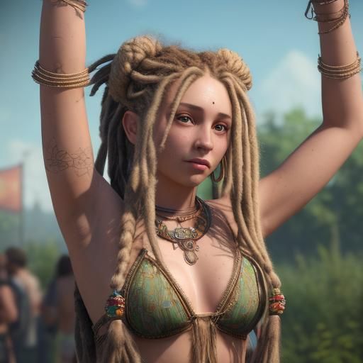 Festival Hippie with Braided Armpit Hair, Detailed Digital A...