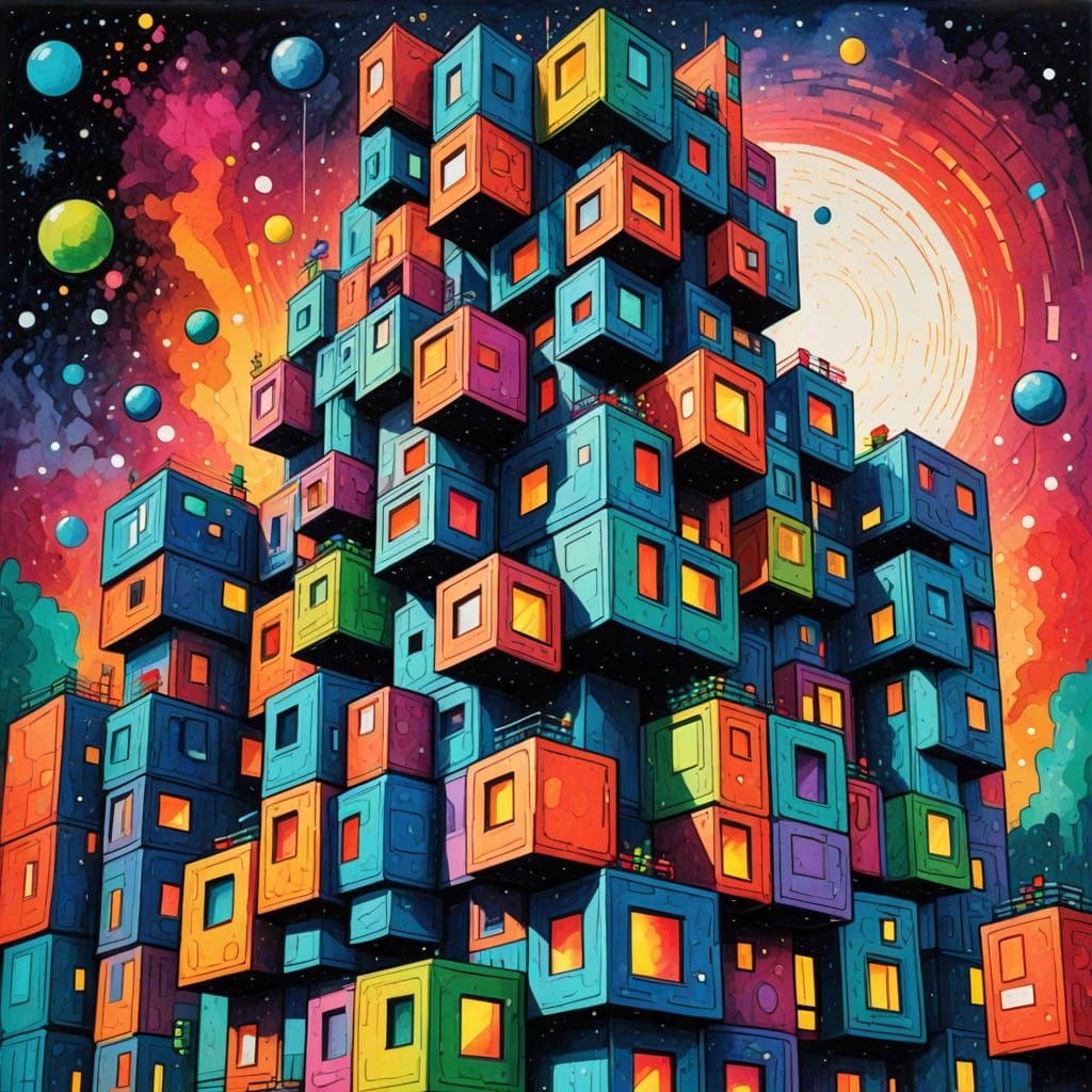 Cubist Apartment Tower Sketch in Vibrant Crayon Style