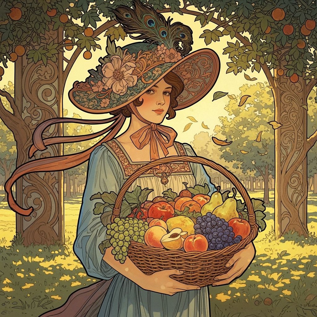 Art Nouveau Woman in Sunlit Orchard with Fruit Basket