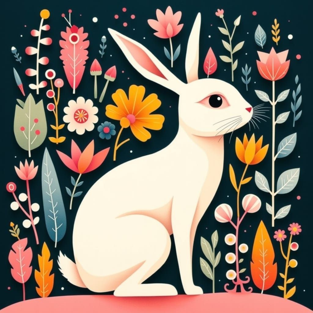 Whimsical White Rabbit in Vibrant Floral Wonderland