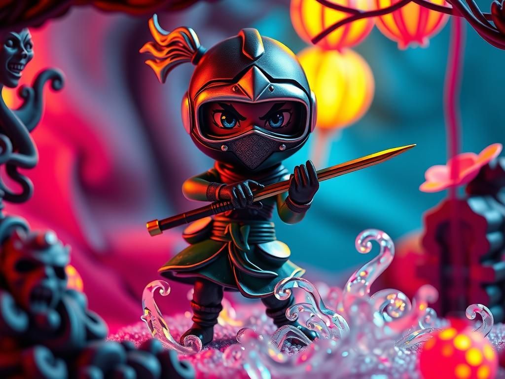 Enamelled Pinup Ninja Figurine with Bioluminescent Glow