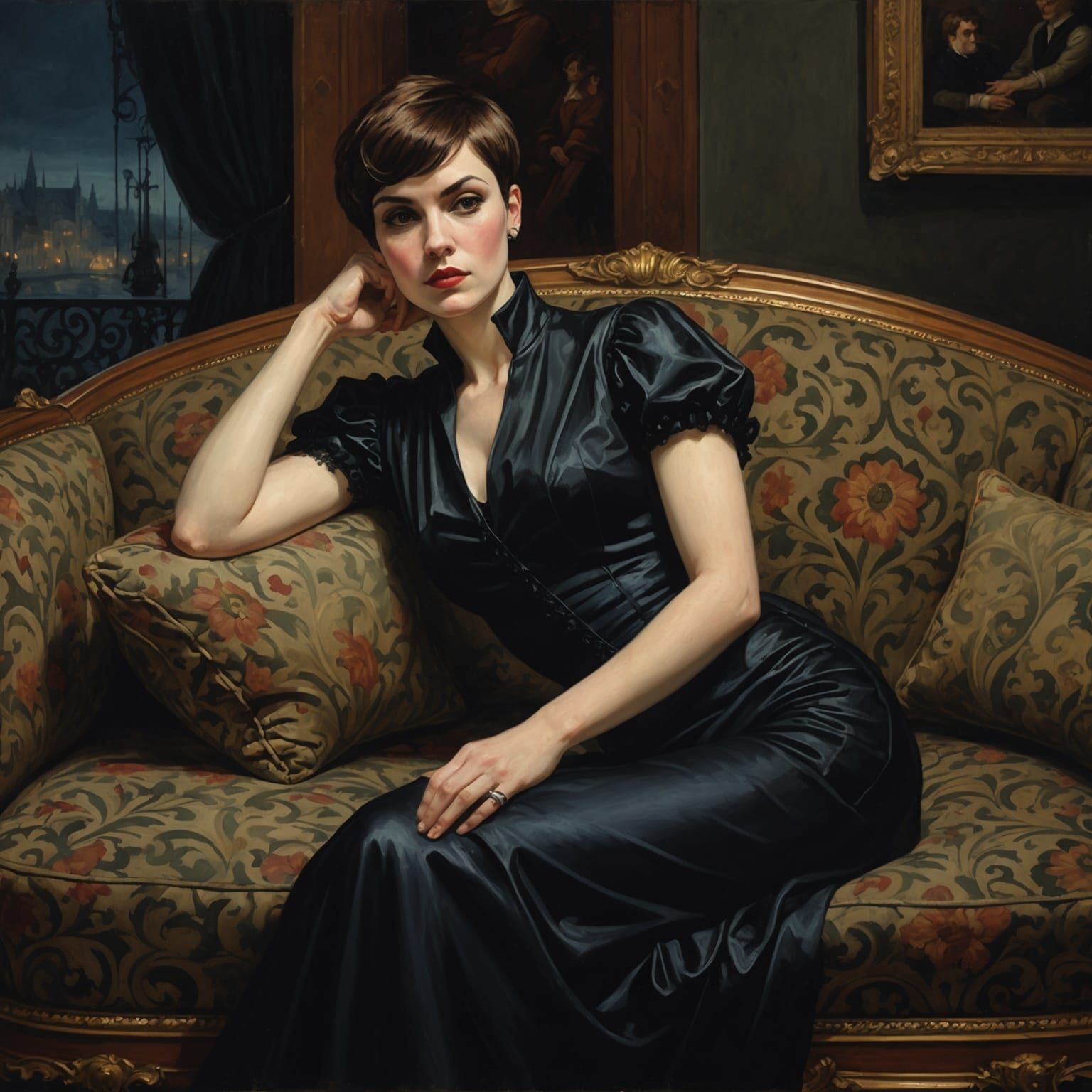 Gothic Woman on French Sofa at Night