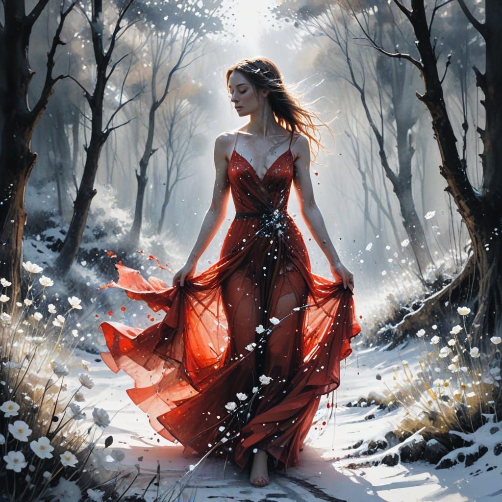 Elegant Woman in Red Gown in Snowy Woodland