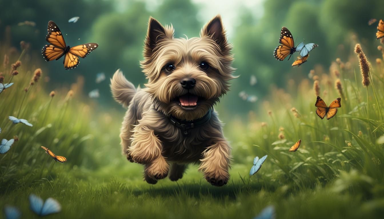 Cheerful Cairn Terrier Runs in Grassy Field