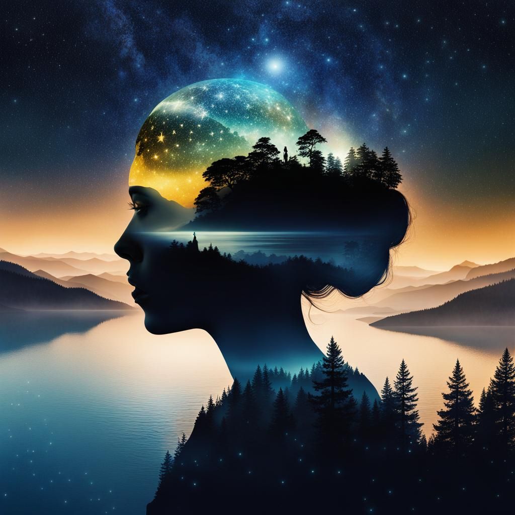 Double Exposure: Woman Silhouetted in Dream Landscape