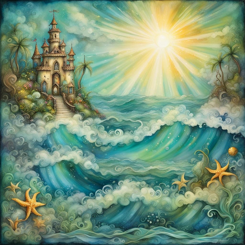Mermaid in Tropical Grotto with Ocean Waves